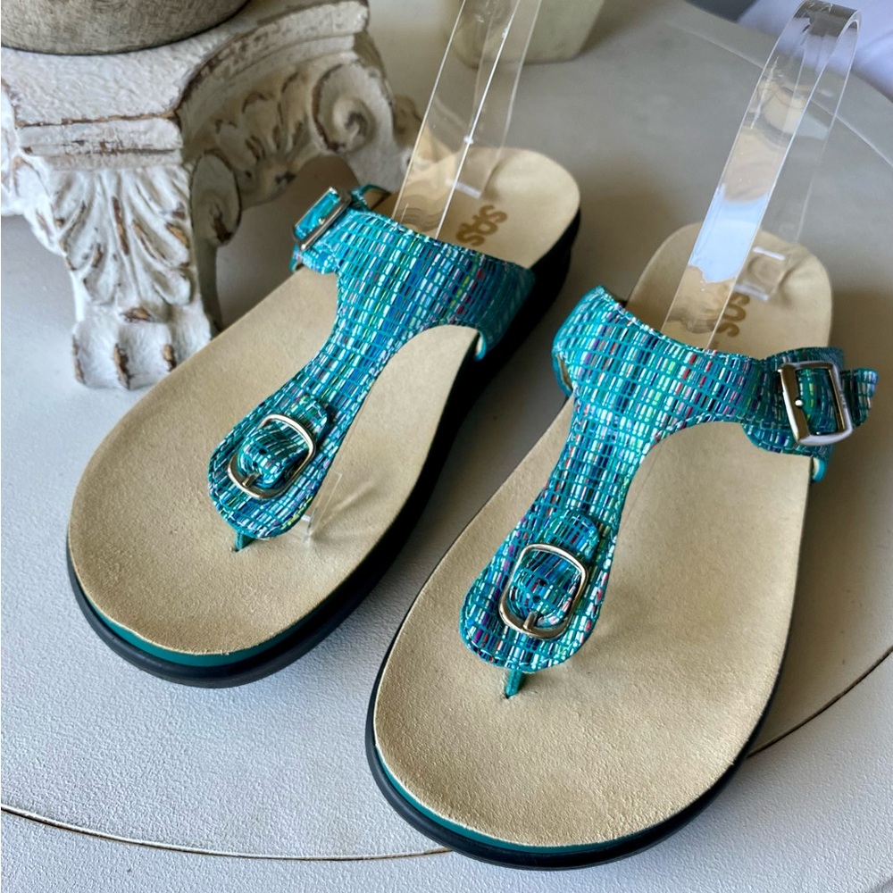 NEW SAS Sanibel T-Strap Sandals Slide Slip‎ On Shoes Womens 10 Rainbow Teal